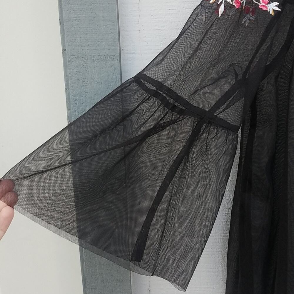 Embroidered Floral Black Sheer Bell Sleeve Top 3/4 Sleeve - Picture 5 of 10